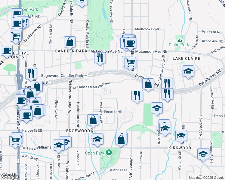map of restaurants, bars, coffee shops, grocery stores, and more near 327 Carlyle Park Drive in Atlanta