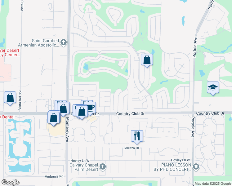 map of restaurants, bars, coffee shops, grocery stores, and more near 73450 Country Club Drive in Palm Desert