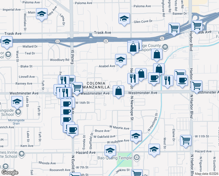 map of restaurants, bars, coffee shops, grocery stores, and more near 11272 Parkside Lane in Garden Grove
