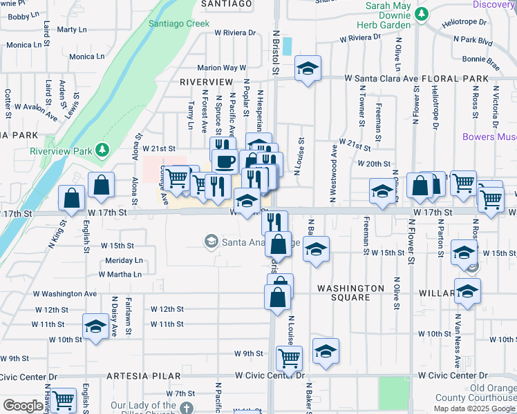 map of restaurants, bars, coffee shops, grocery stores, and more near 1313 West 17th Street in Santa Ana