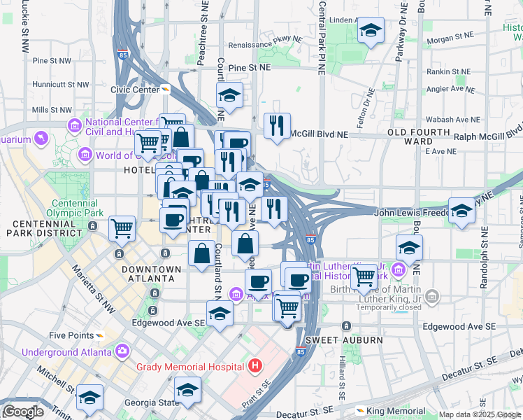 map of restaurants, bars, coffee shops, grocery stores, and more near 215 Piedmont Avenue Northeast in Atlanta