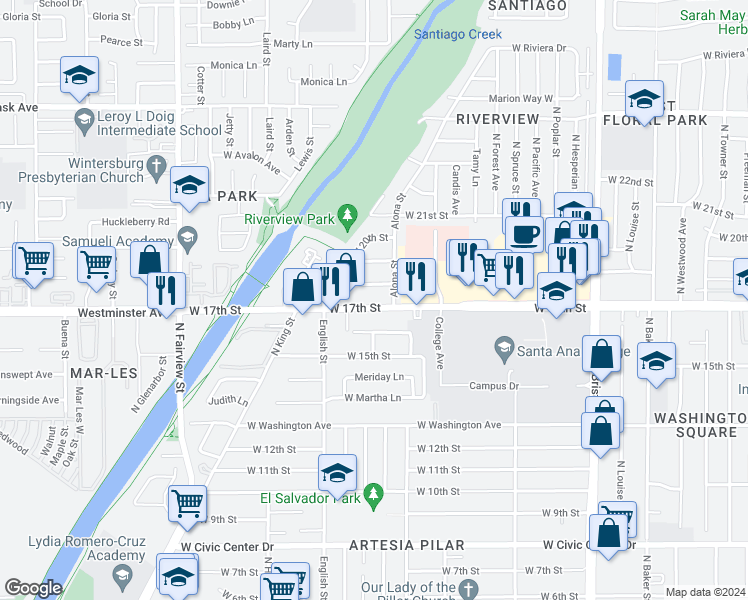 map of restaurants, bars, coffee shops, grocery stores, and more near 1819 West 17th Street in Santa Ana