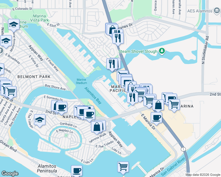 map of restaurants, bars, coffee shops, grocery stores, and more near 6201 Marina Pacifica Drive North in Long Beach