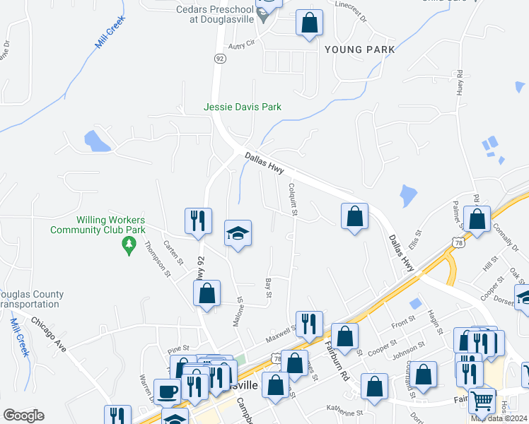 map of restaurants, bars, coffee shops, grocery stores, and more near 6570 Elsie Street in Douglasville