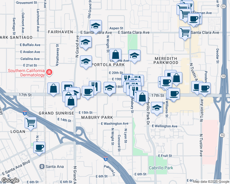 map of restaurants, bars, coffee shops, grocery stores, and more near 1535 17th Street in Santa Ana