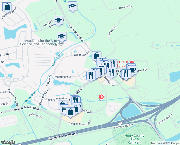 map of restaurants, bars, coffee shops, grocery stores, and more near 113 Bellegrove Drive in Myrtle Beach