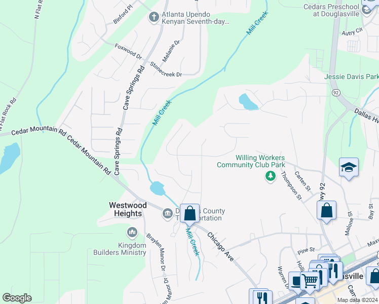 map of restaurants, bars, coffee shops, grocery stores, and more near 7084 Creeksong Drive in Douglasville