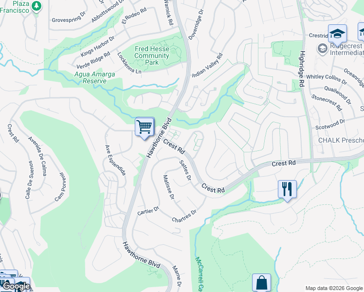 map of restaurants, bars, coffee shops, grocery stores, and more near 111 Cresta Verde Drive in Rolling Hills Estates