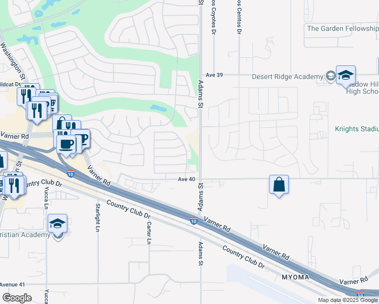 map of restaurants, bars, coffee shops, grocery stores, and more near 39900 Felicita Parkway in Palm Desert