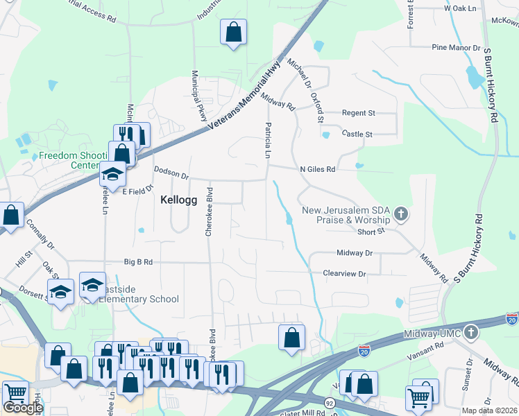 map of restaurants, bars, coffee shops, grocery stores, and more near 1671 Caron Lane in Douglasville
