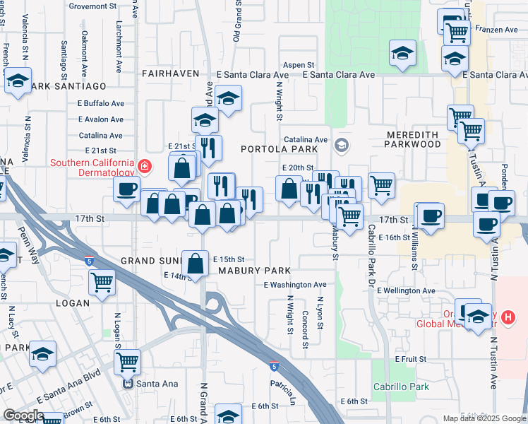 map of restaurants, bars, coffee shops, grocery stores, and more near 1441 17th Street in Santa Ana