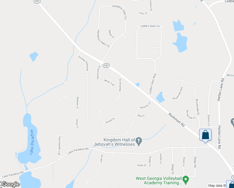 map of restaurants, bars, coffee shops, grocery stores, and more near 71 Newman Drive in Villa Rica