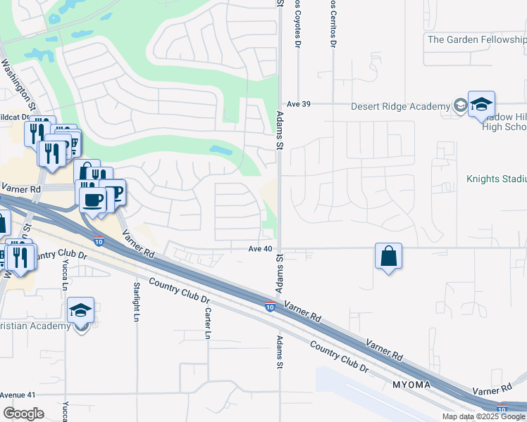 map of restaurants, bars, coffee shops, grocery stores, and more near 39900 Felicita Parkway in Palm Desert