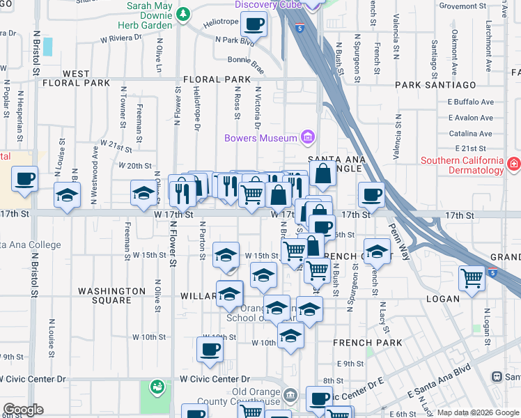 map of restaurants, bars, coffee shops, grocery stores, and more near 355 West 17th Street in Santa Ana