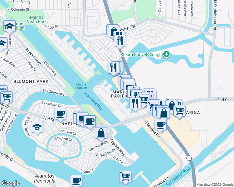 map of restaurants, bars, coffee shops, grocery stores, and more near in Long Beach