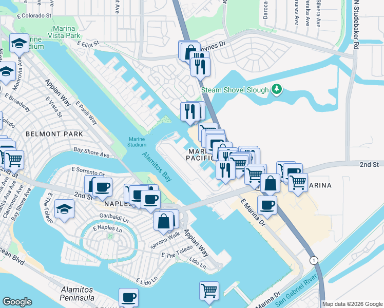 map of restaurants, bars, coffee shops, grocery stores, and more near 6126 Marina Pacifica Drive in Long Beach