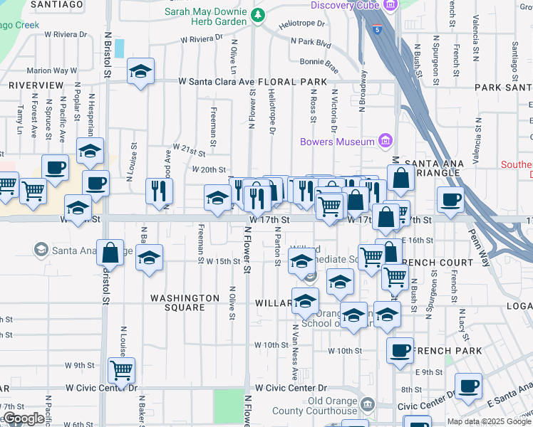 map of restaurants, bars, coffee shops, grocery stores, and more near 1715N North Flower Street in Santa Ana