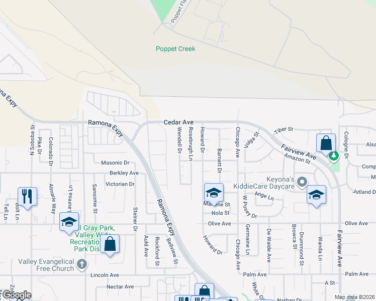 map of restaurants, bars, coffee shops, grocery stores, and more near 24892 Rosebrugh Lane in Hemet