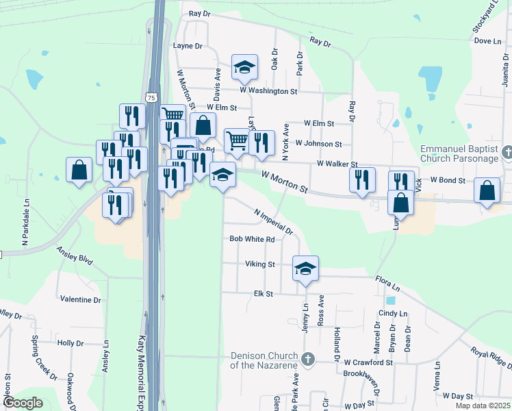 map of restaurants, bars, coffee shops, grocery stores, and more near 157 North Imperial Drive in Denison