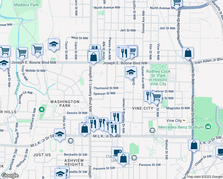 map of restaurants, bars, coffee shops, grocery stores, and more near 824 Thurmond Street Northwest in Atlanta