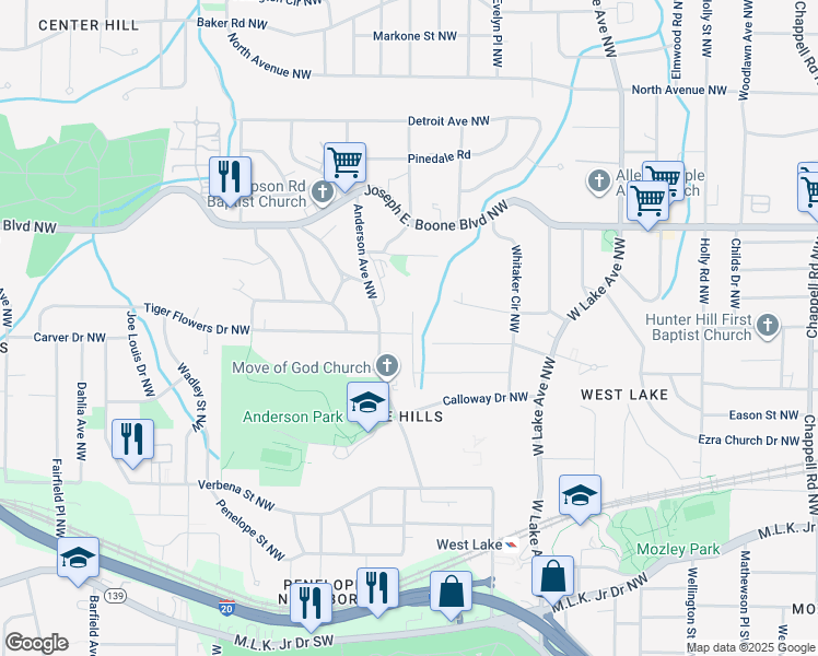 map of restaurants, bars, coffee shops, grocery stores, and more near 200 Adeline Avenue Northwest in Atlanta