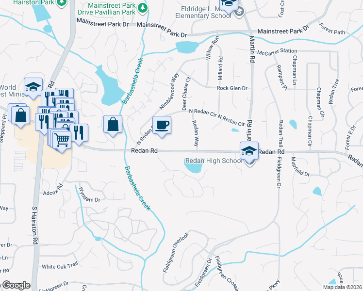 map of restaurants, bars, coffee shops, grocery stores, and more near 5100 Redan Road in Stone Mountain