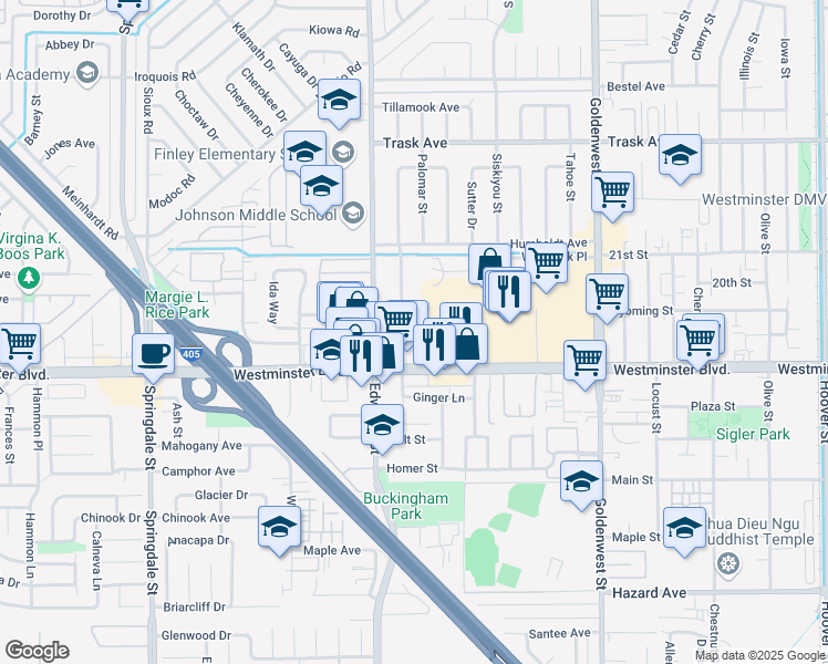 map of restaurants, bars, coffee shops, grocery stores, and more near 13902 La Pat Place in Westminster