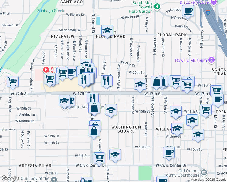 map of restaurants, bars, coffee shops, grocery stores, and more near 1139 West 17th Street in Santa Ana