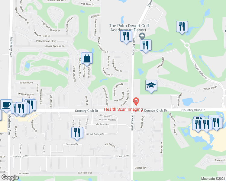 map of restaurants, bars, coffee shops, grocery stores, and more near 39663 White Canyon Drive in Palm Desert