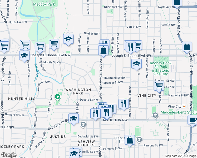 map of restaurants, bars, coffee shops, grocery stores, and more near 995 Mayson Turner Road Northwest in Atlanta