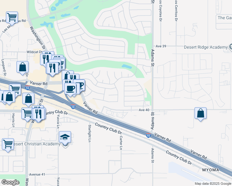 map of restaurants, bars, coffee shops, grocery stores, and more near 78712 Postbridge Circle in Palm Desert