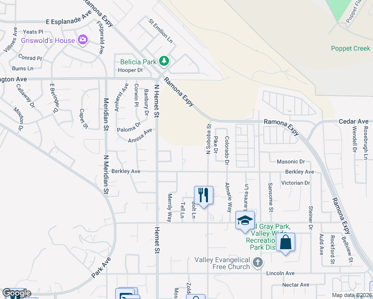 map of restaurants, bars, coffee shops, grocery stores, and more near 777 Smith Road in Hemet
