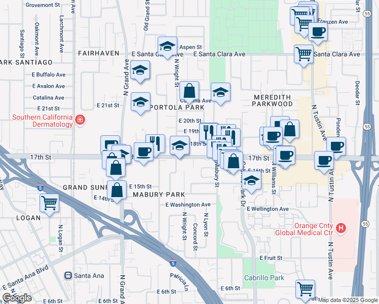 map of restaurants, bars, coffee shops, grocery stores, and more near 1585 17th Street in Santa Ana
