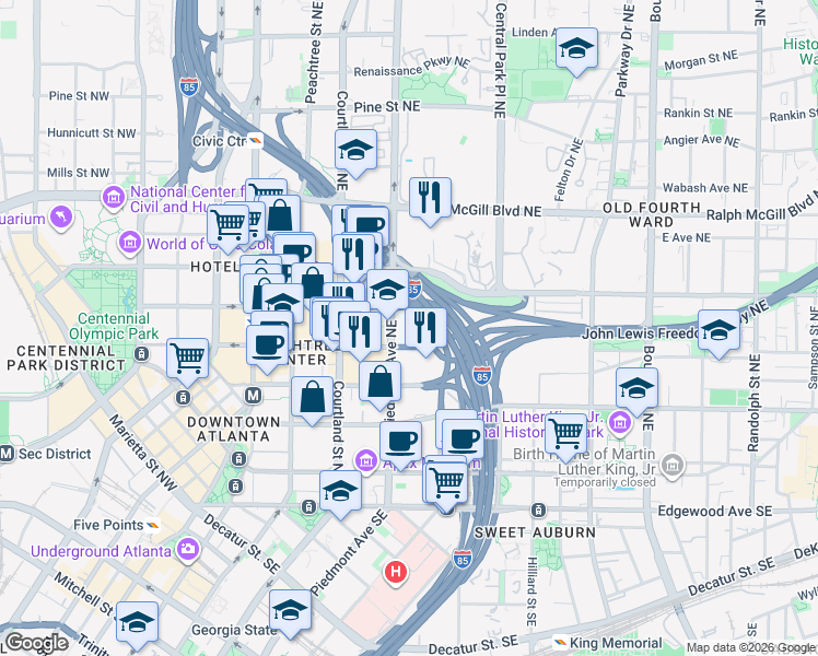 map of restaurants, bars, coffee shops, grocery stores, and more near 215 Piedmont Ave in Atlanta