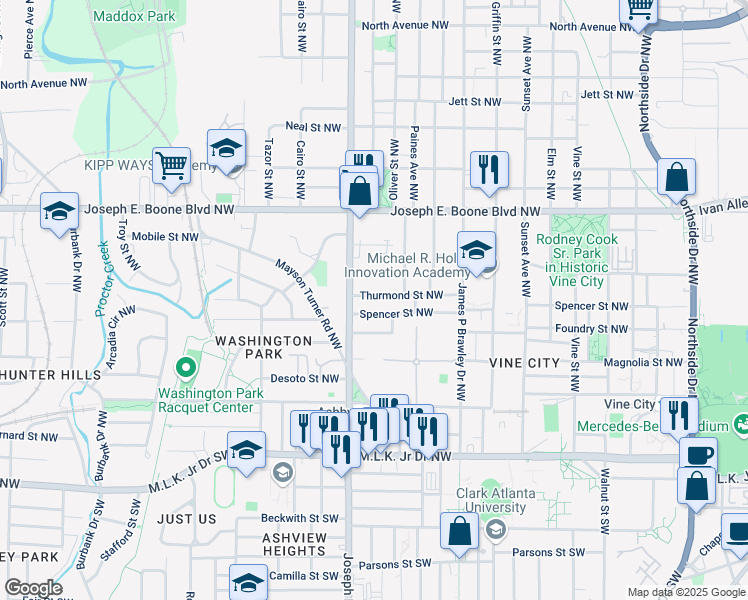 map of restaurants, bars, coffee shops, grocery stores, and more near 884 Thurmond Street Northwest in Atlanta