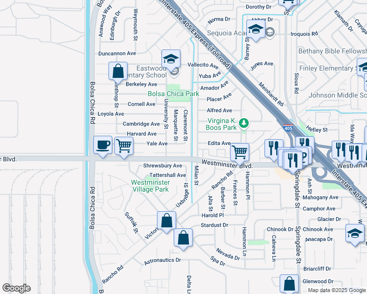 map of restaurants, bars, coffee shops, grocery stores, and more near 13882 Marquette Street in Westminster
