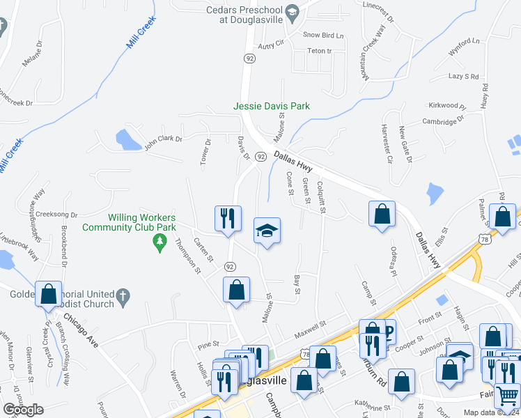 map of restaurants, bars, coffee shops, grocery stores, and more near 8060 Malone Street in Douglasville