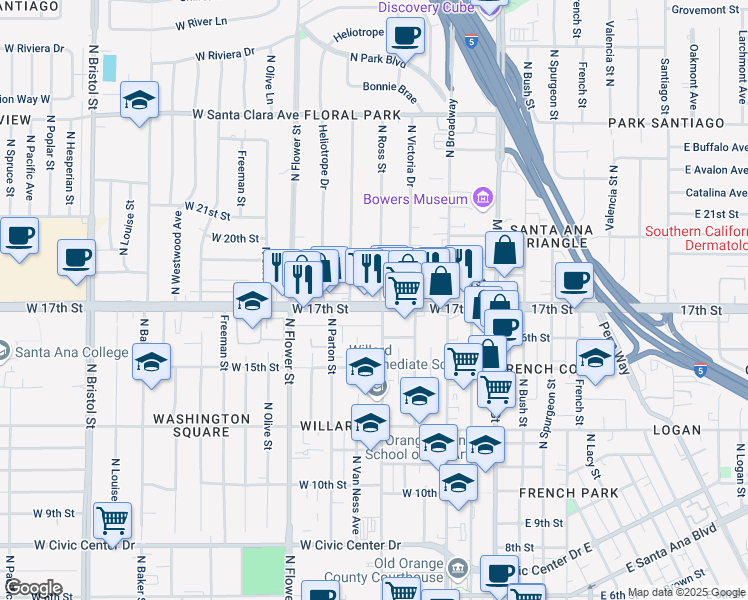 map of restaurants, bars, coffee shops, grocery stores, and more near 511 West 17th Street in Santa Ana