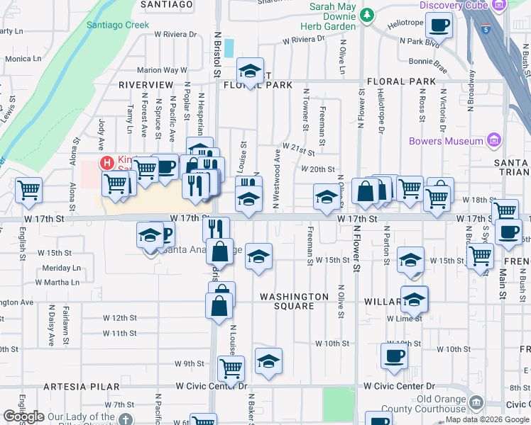 map of restaurants, bars, coffee shops, grocery stores, and more near 1139 West 17th Street in Santa Ana