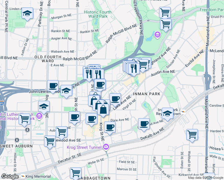 map of restaurants, bars, coffee shops, grocery stores, and more near 232 Montag Circle in Atlanta