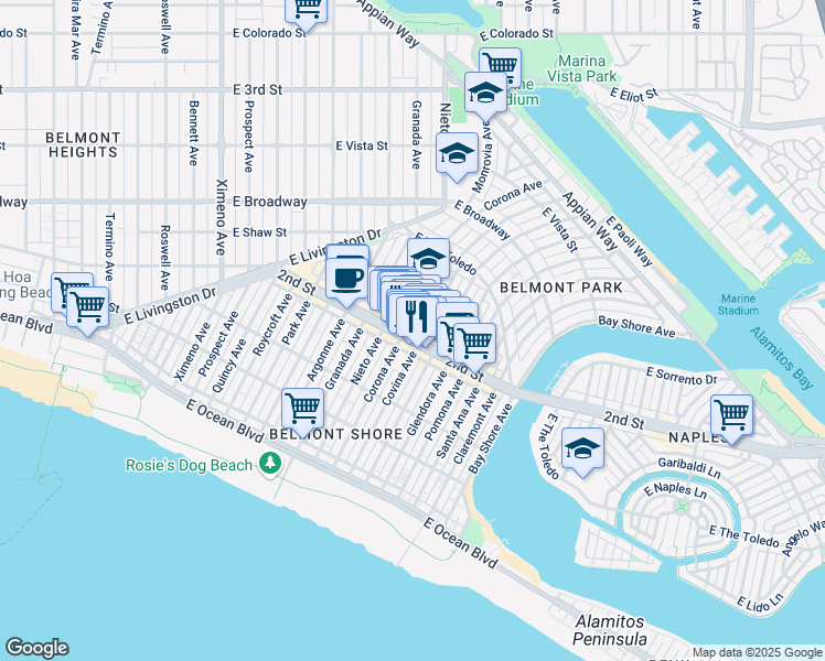 map of restaurants, bars, coffee shops, grocery stores, and more near 204 Corona Avenue in Long Beach