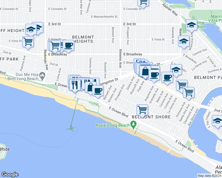 map of restaurants, bars, coffee shops, grocery stores, and more near 108 Bennett Avenue in Long Beach