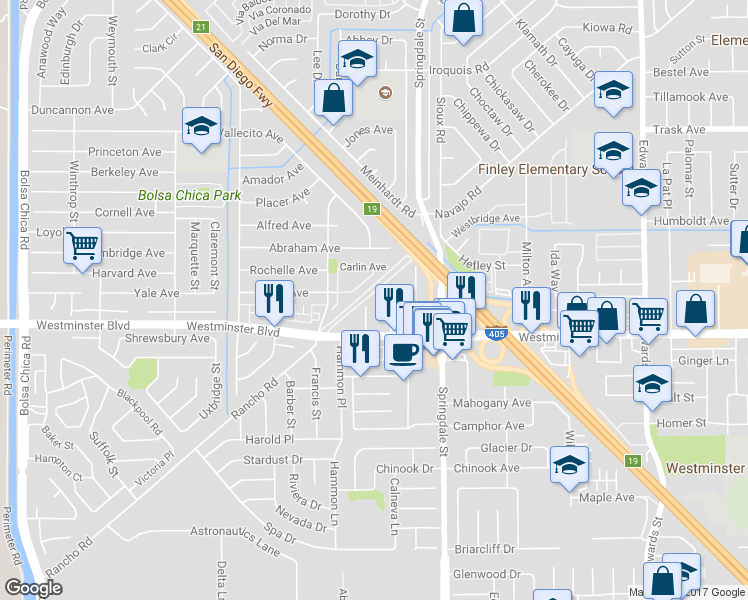 map of restaurants, bars, coffee shops, grocery stores, and more near 13892 Pegg Street in Westminster
