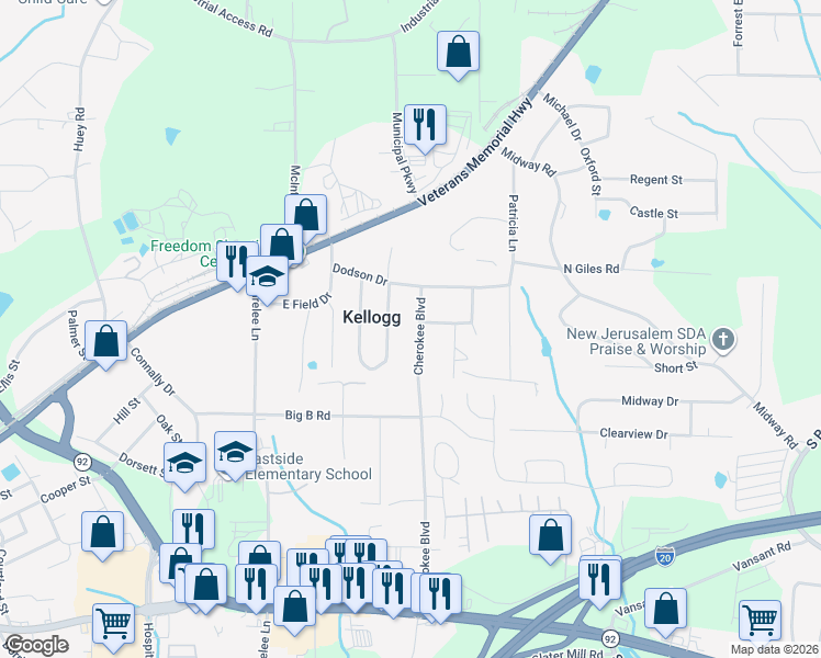 map of restaurants, bars, coffee shops, grocery stores, and more near 1674 Cherokee Boulevard in Douglasville