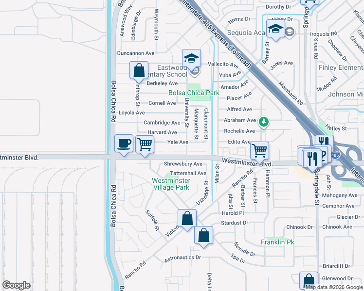 map of restaurants, bars, coffee shops, grocery stores, and more near 5352 Yale Avenue in Westminster