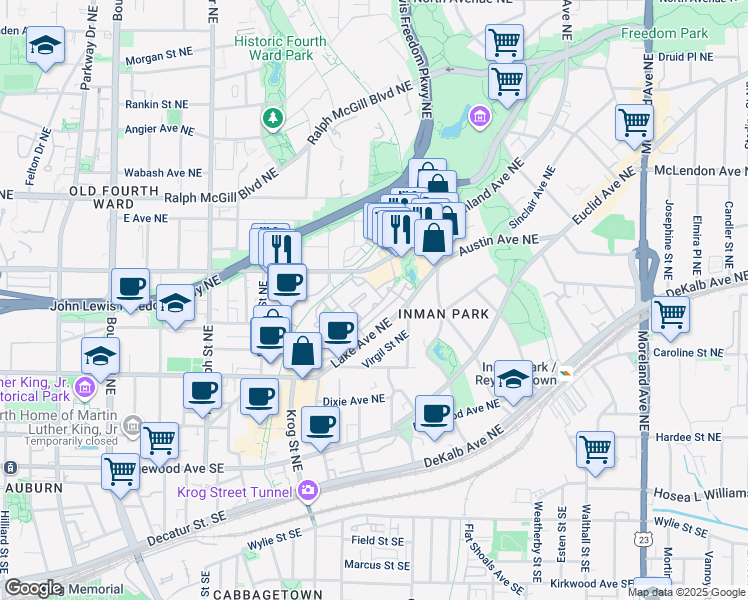 map of restaurants, bars, coffee shops, grocery stores, and more near 100 Montag Circle in Atlanta