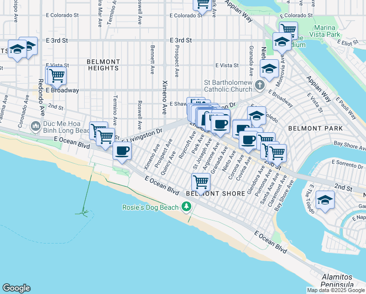 map of restaurants, bars, coffee shops, grocery stores, and more near 143 Roycroft Avenue in Long Beach