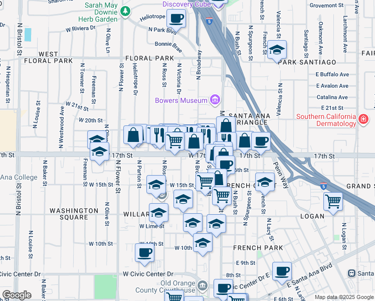 map of restaurants, bars, coffee shops, grocery stores, and more near 1770 North Broadway in Santa Ana