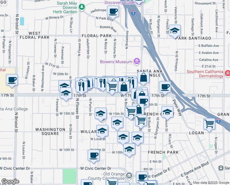 map of restaurants, bars, coffee shops, grocery stores, and more near 355 West 17th Street in Santa Ana