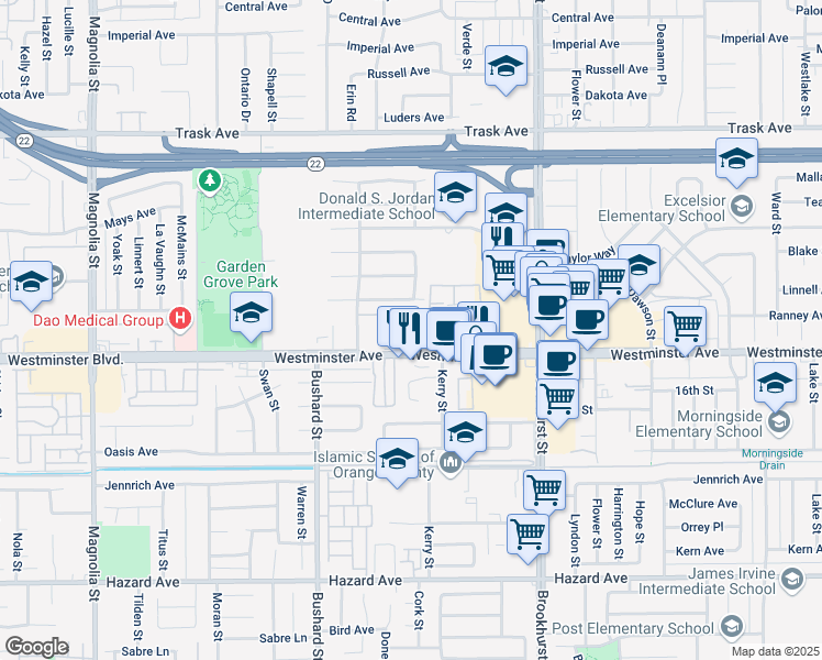 map of restaurants, bars, coffee shops, grocery stores, and more near 9695 La Jolla Plaza in Garden Grove